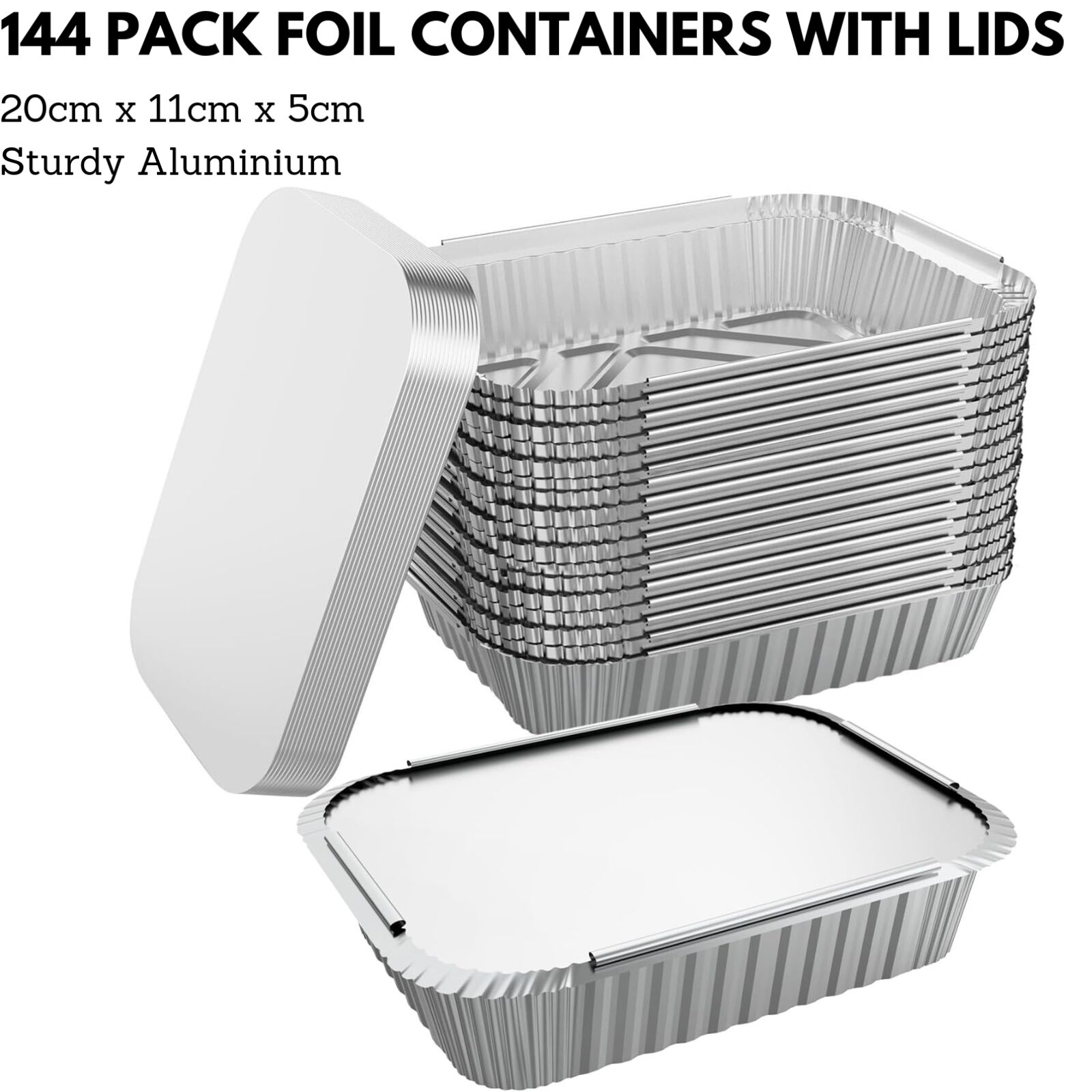 144-Pack Aluminum Disposable Foil Food Containers with Lids - 20x11x5cm Bulk Baking Pans for Meal Prep, Catering & Party Serving