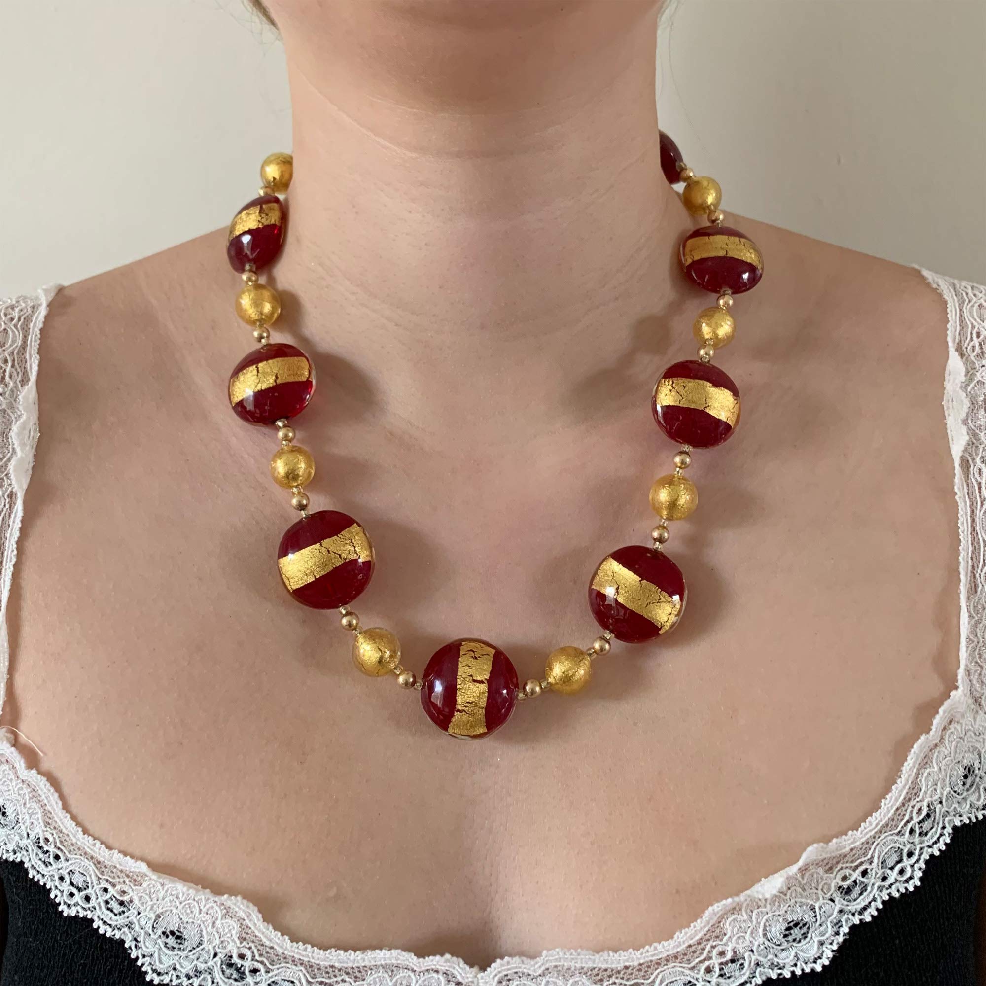 Elegant Diana Ingram Necklace with Red Translucent & Gold Murano Glass Beads - 22K Gold Vermeil Clasp for Women | Perfect for Weddings, Parties & Special Occasions