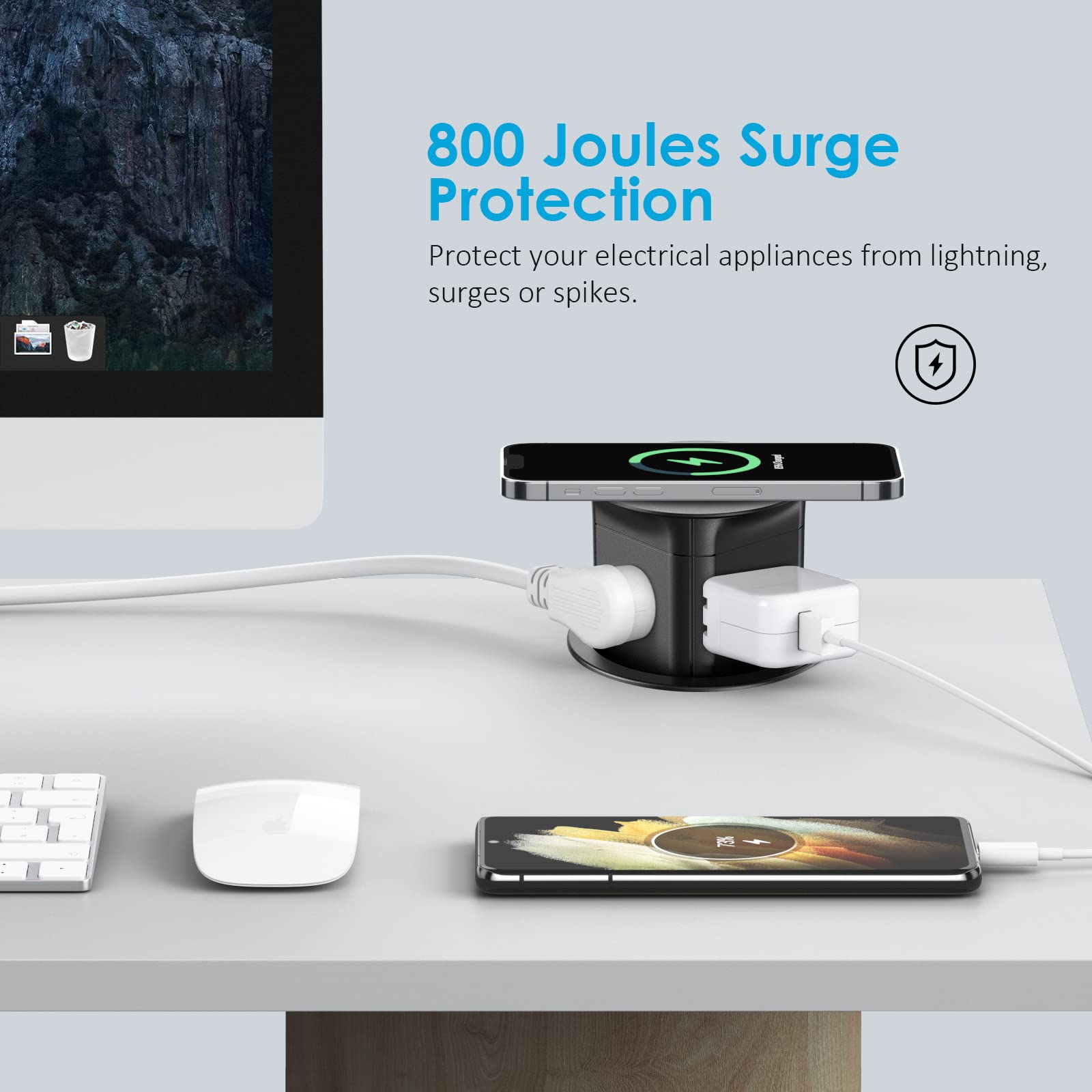 **15W Wireless Charger Pop-Up Outlet with 4 Outlets & Splash-Resistant Design – Space-Saving Power Grommet for Kitchen Countertops, Office Desks & Conference Tables (Black) – Perfect for Home, Office & Commercial Use**