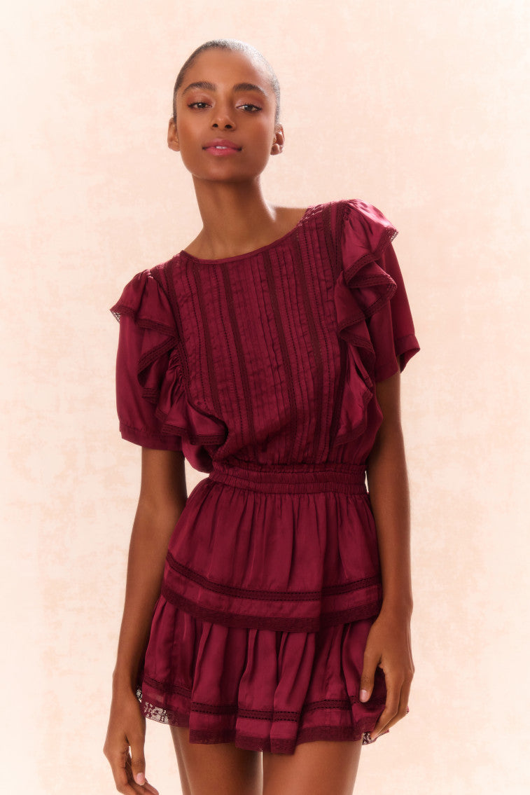 Natasha Ruffle Mini Dress in Oxblood Red - Elegant Flowy Party Dress for Women | Perfect for Cocktail Parties, Date Nights & Special Occasions