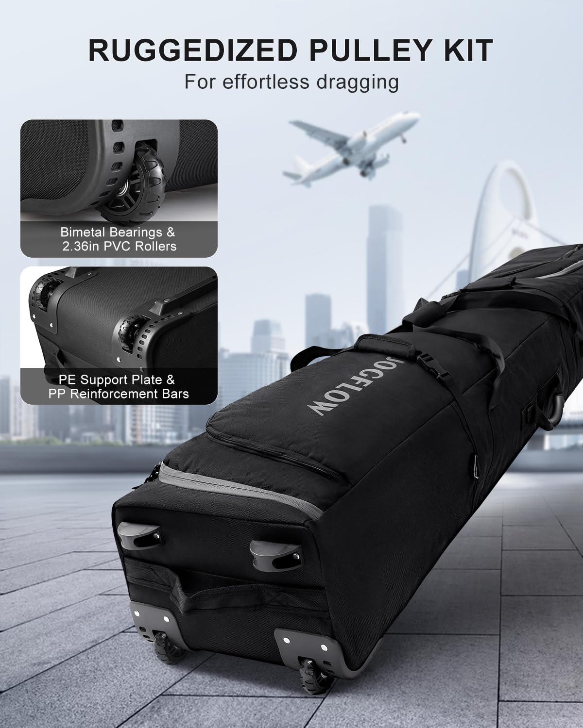 360° Padded Ski Bag with Wheels - 1200D Waterproof & 10mm Pearl Cotton Protection - Fits 1-2 Pairs of Skis - Durable Roller Ski Bag for Air Travel & Winter Sports Gear Storage