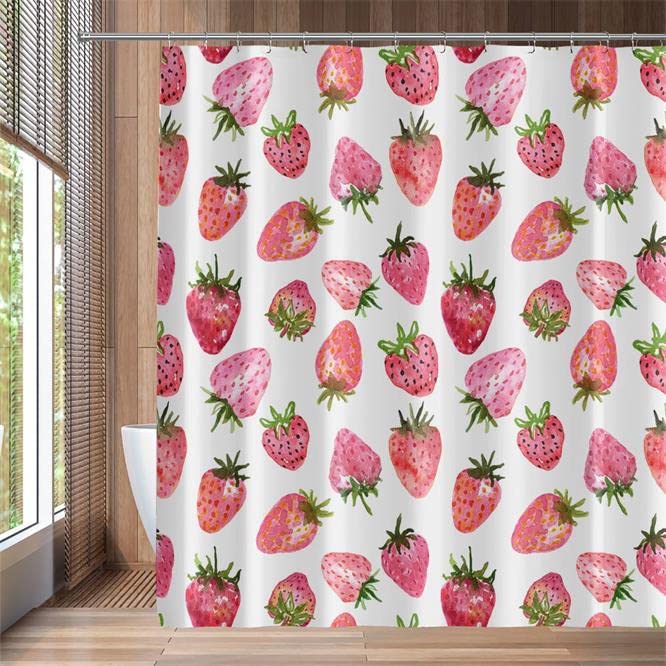 Pink Strawberry Shower Curtain - Watercolor Fruit Design 70x70 Inch Bathroom Decor for Spring & Summer | Cute Fabric Bath Curtain for Girls Room, Farmhouse Bathroom, and Vintage Style Decor