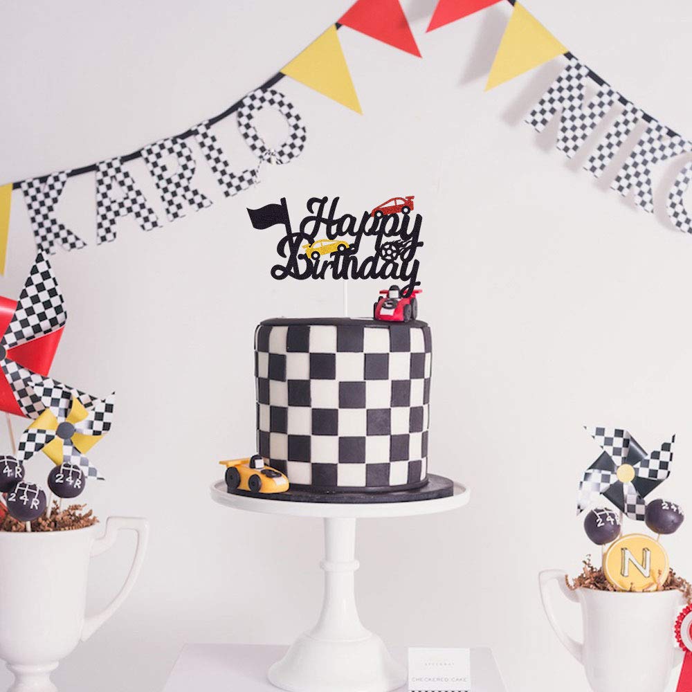 Marwey Race Car Birthday Cake Topper - Happy Birthday Cake Decor with Chequered Flag Design - Double-Sided Party Supplies for Kids' Race Car Themed Birthday Celebrations
