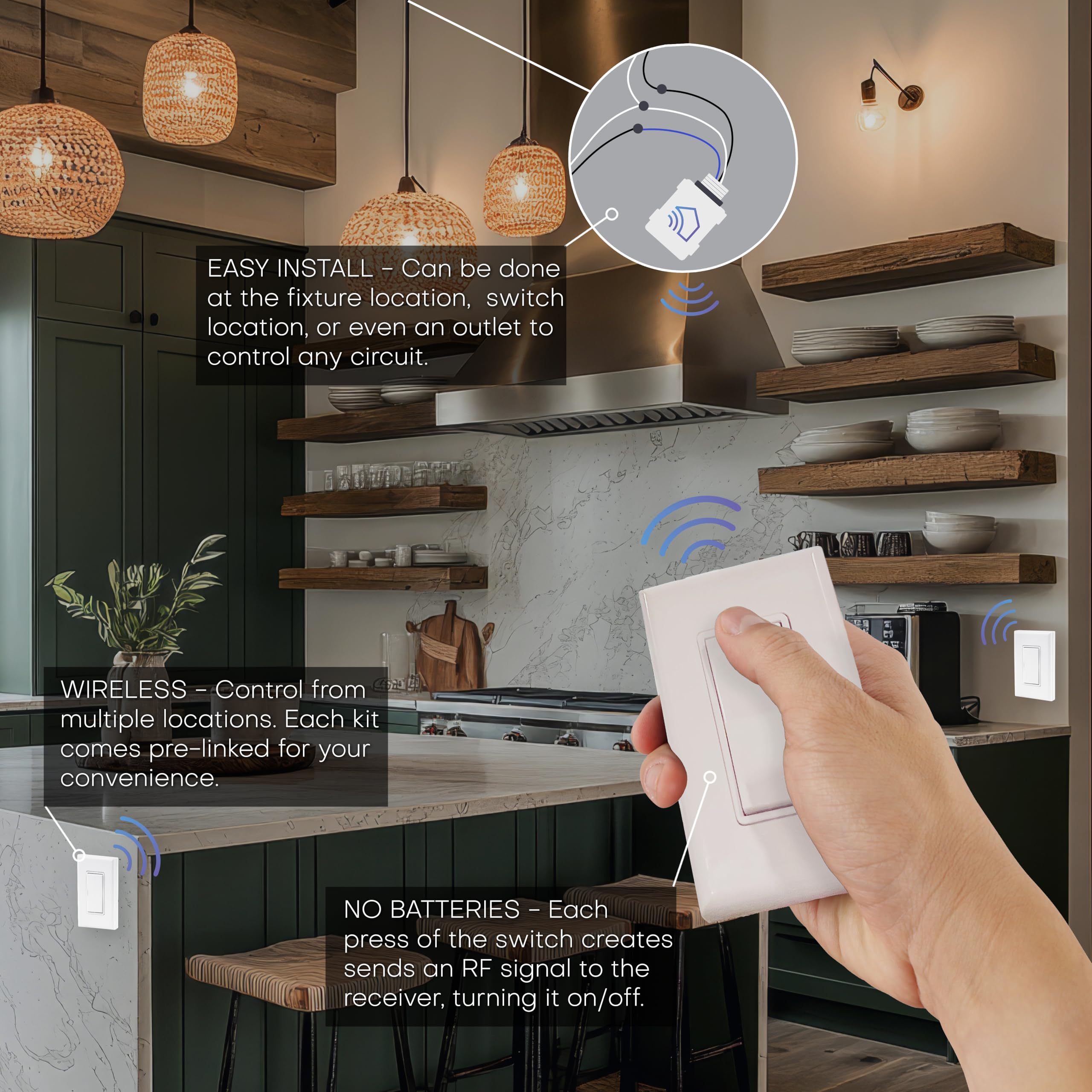 RunLessWire 4-Way Wireless Light Switch Kit - Battery-Free Self-Powered Kinetic Remote Wall Switch with 150ft RF Range (1 On/Off Receiver + 3 Switches) in Light Almond - Perfect for Home Automation, Smart Lighting Control & DIY Electrical Projects