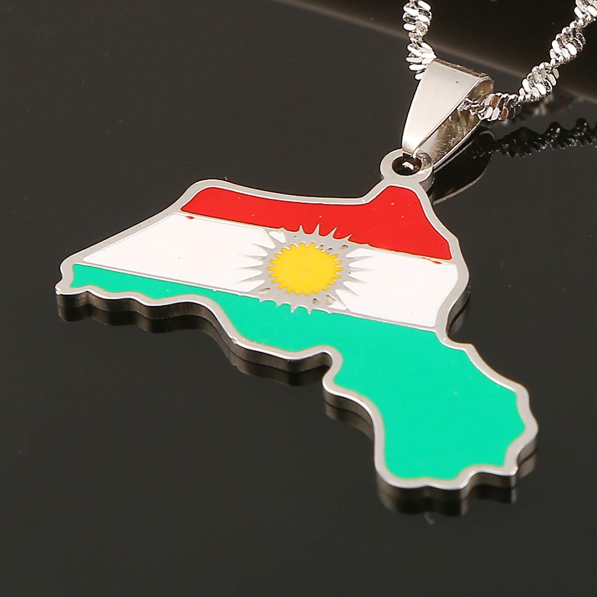 Stainless Steel Kurdistan Map Pendant Necklace - Kurdish Flag Map Jewelry Gift for Men & Women - Perfect for Cultural Pride, Holidays & Special Occasions