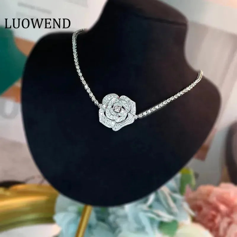 18K White Gold Diamond Pendant Necklace for Women - 3.5 Carat Natural Diamond Rose Design Wedding Jewelry, Elegant Bridal Gift & Anniversary Present