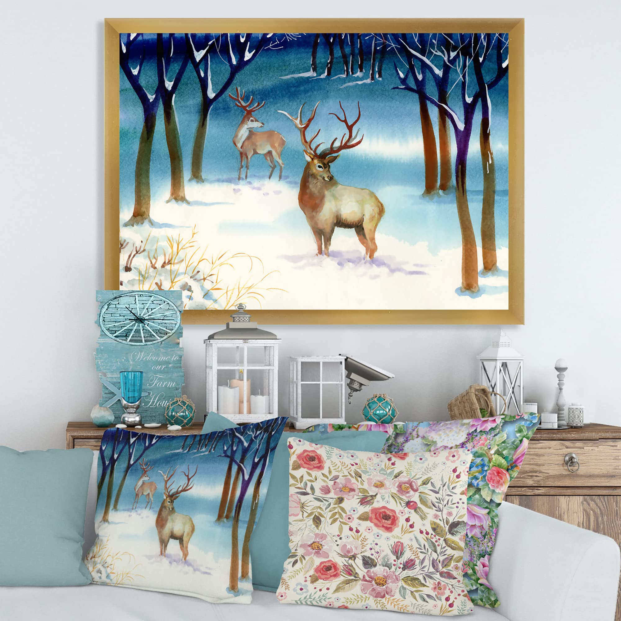 Winter Landscape With Deer Traditional Framed Wall Art - Nature Inspired Home Decor for Living Room, Bedroom & Office