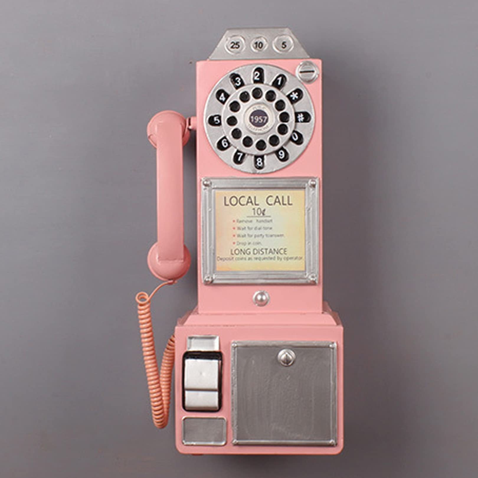 Vintage Rotary Dial Phone - Pink Retro Classic Antique Office Decor, Wall Hanging Craft Ornament for Home, Office & Photography Backdrop
