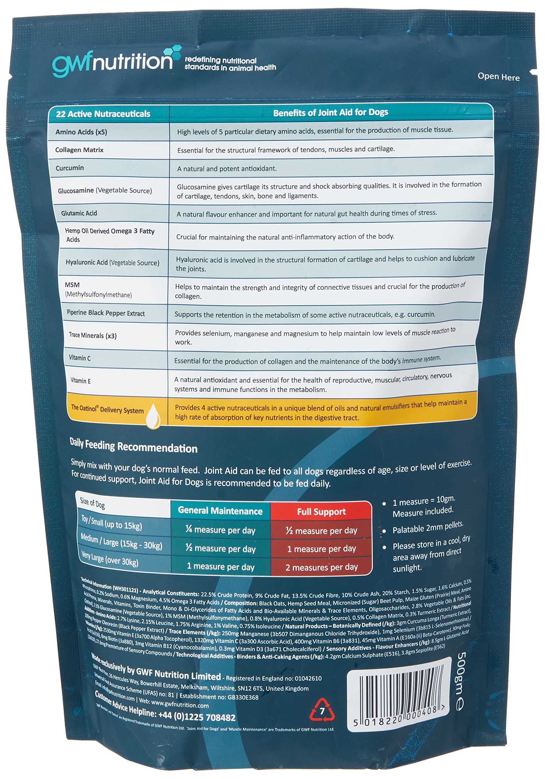 GWF Nutrition Joint Aid for Dogs - Essential Hip & Joint Supplement with Glucosamine, Chondroitin & MSM for Muscle Maintenance - Supports Mobility for Puppies, Adults & Senior Dogs (500g) - Ideal for Active Dogs, Post-Surgery Recovery & Arthritis Relief