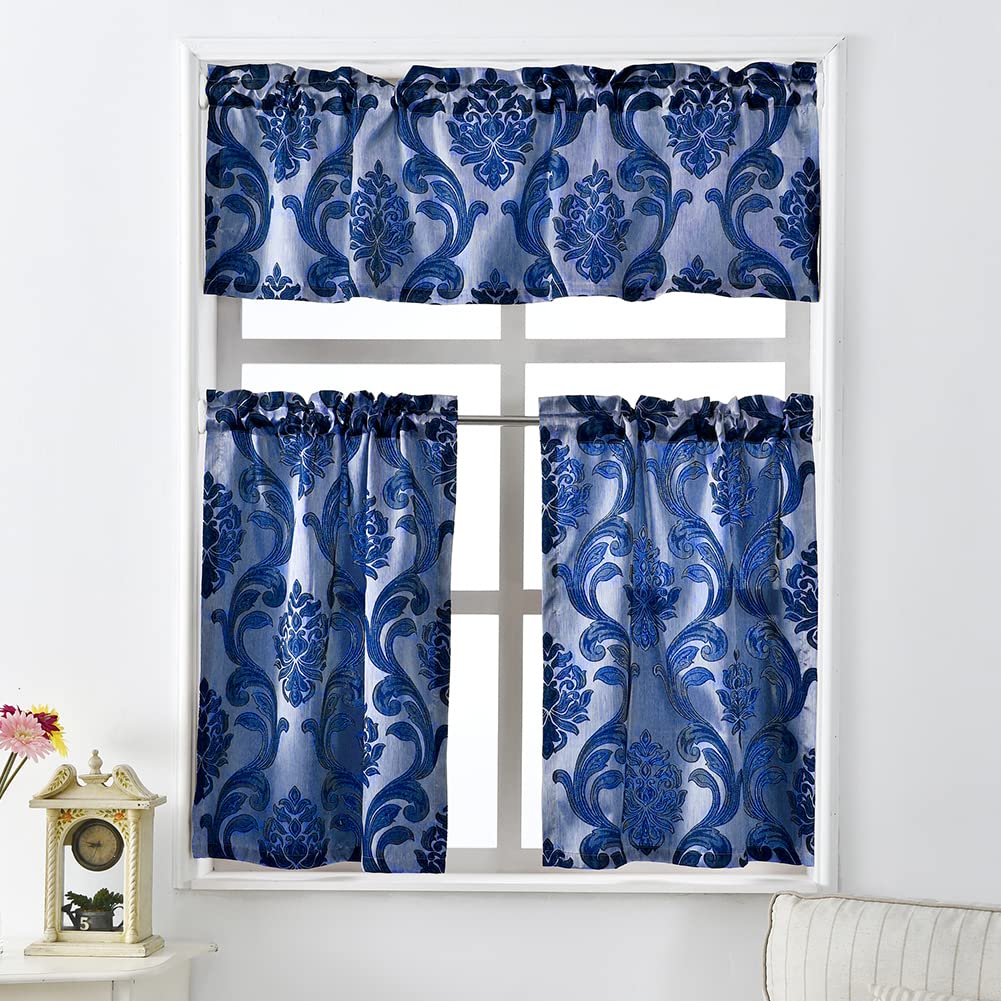 Navy Blue Jacquard Kitchen Curtains Set - 3 Piece Rod Pocket Valance & Tier Panels (36 Inch Length) for Small Windows - Perfect for Cafe, Bathroom & Farmhouse Style Decor