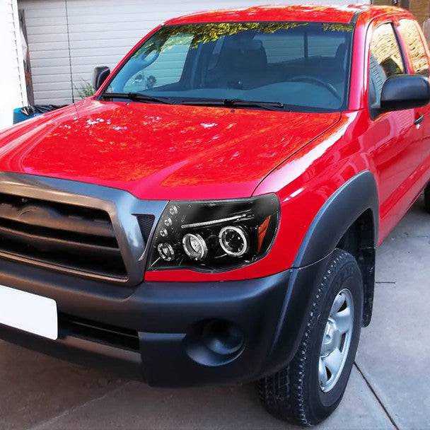 2005-2011 Toyota Tacoma Halo Projector Headlights - Jet Black Housing with Clear Lens - LED Angel Eye DRL - Replacement Headlights for Off-Road & Night Driving