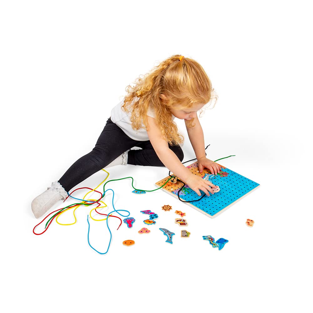 Bigjigs Toys Marine Lace-a-Shape Game - 30 Geometric Shape Lacing Cards & 6 Laces for Toddlers, Fine Motor Skills Development Toy, Early Learning Threading Activity for Kids Ages 2+ | Perfect for Preschool Classroom, Montessori Education & Home Playtime