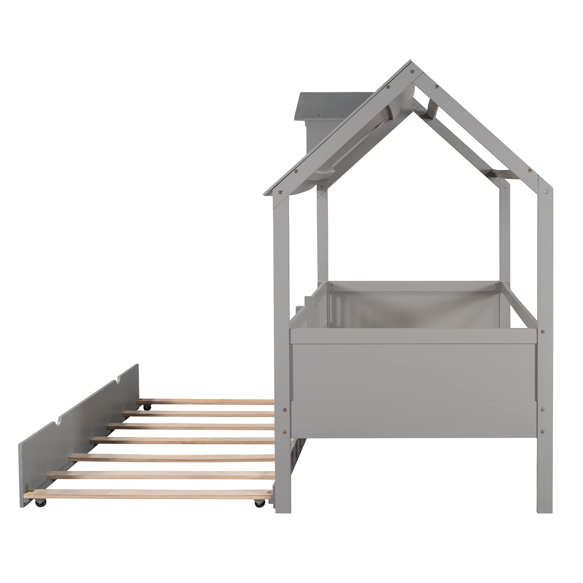Twin Size Wooden House Bed with Trundle - Kids Daybed Frame with Safety Fence & Roof Design - Easy Assembly for Boys & Girls Bedroom - Perfect for Sleepovers, Playtime & Cozy Naps (Gray+Twin+House#)
