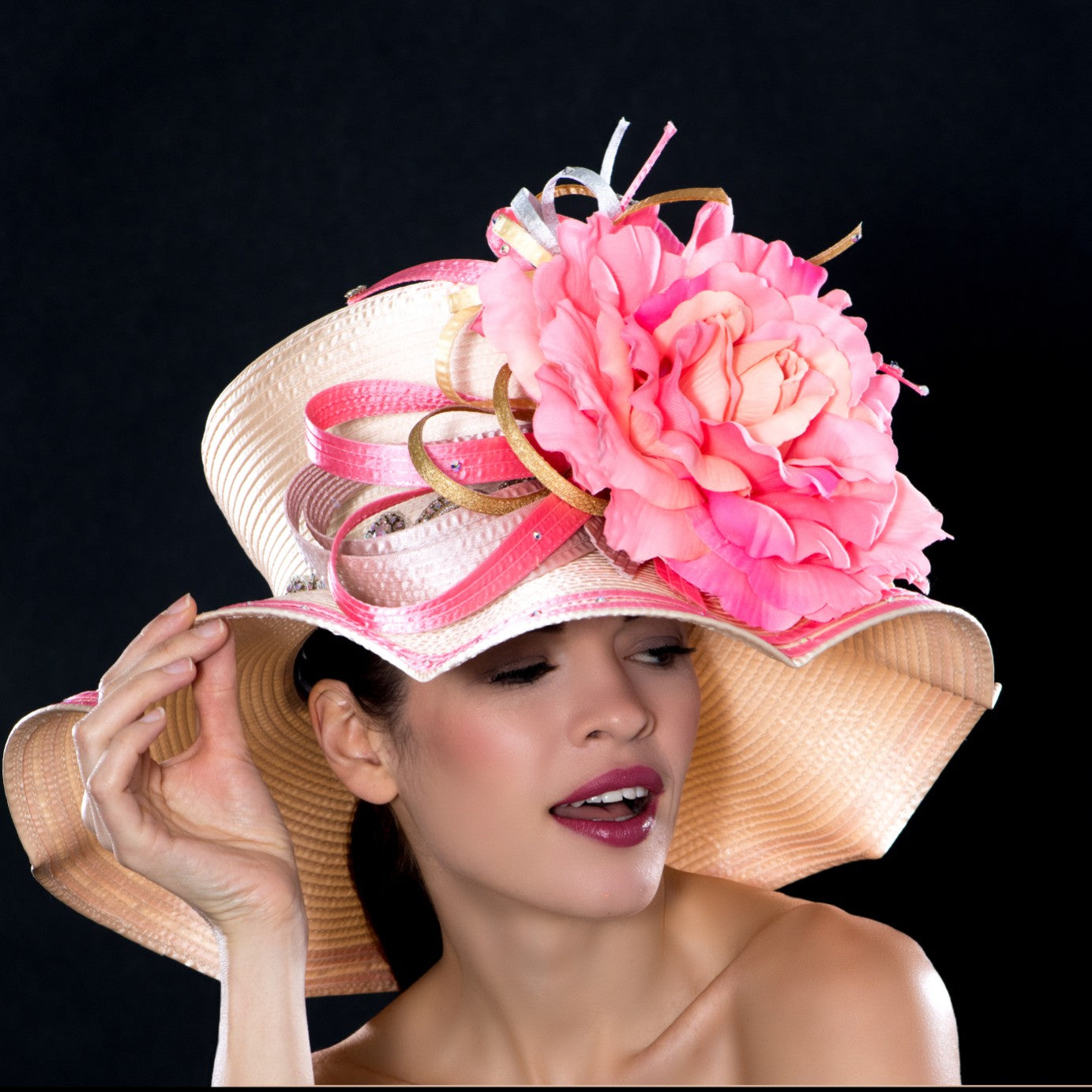 Kentucky Derby Style Fashion Hat with Extra Large Flowers - Elegant Women's Wide Brim Sun Hat for Horse Races, Garden Parties & Summer Weddings