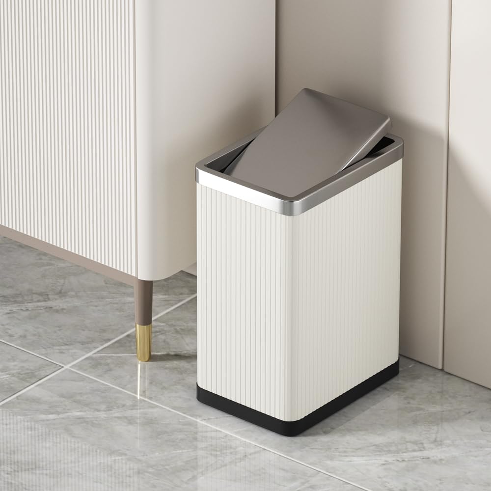 LEASYLIFE 10L/2.6GAL Metal Trash Can with Swing Lid - Modern Rectangular Bathroom Garbage Bin for Small Spaces, Bedroom, Office & Laundry Room - White Stripe Design | Perfect for Tight Corners & Home Organization