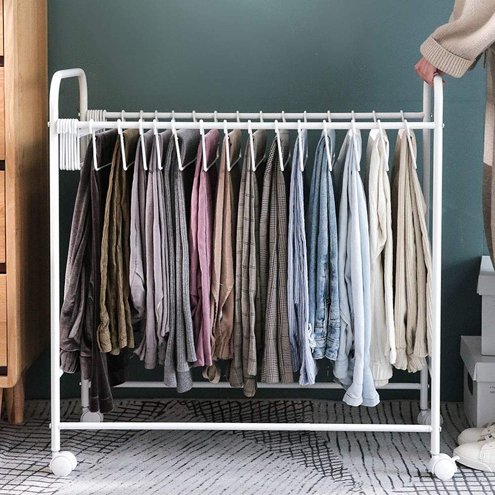 YXX - Space Saving Narrow Closet Pants Rolling Trolley Cart with Brake Wheels - 20 Pack Iron Frame & Nylon Hangers for Jeans, Trousers, Skirts - Perfect for Small Closets, Retail Stores & Laundry Rooms (White)