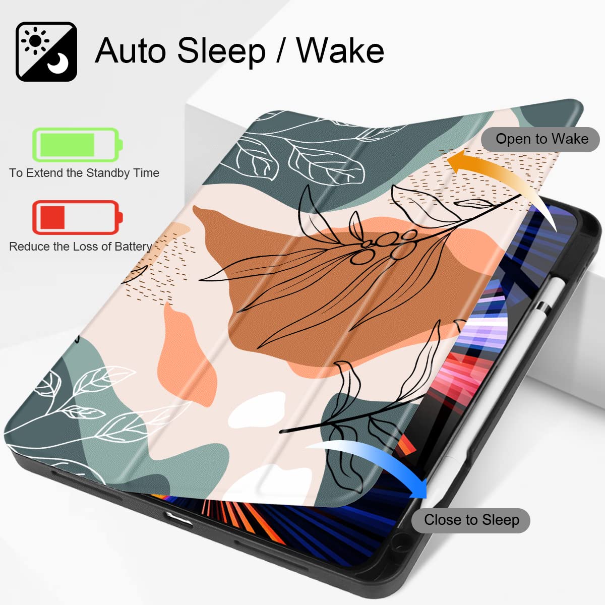 iPad Pro 11 Case (2020-2022 Models) - Magnetic Smart Cover with Soft TPU Back & Trifold Stand | Supports Apple Pencil 2 Charging | Auto Wake/Sleep | Abstract Leaves Design - Perfect for Work, Travel & Home Use