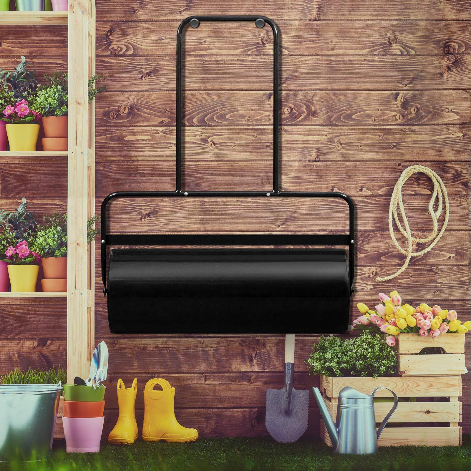 VINGLI 36 Inch Heavy Duty Lawn Roller - Water or Sand Filled Garden Drum Roller for Leveling Grass, Soil & Yard - Push/Tow Behind for Lawn Care, Landscaping & Backyard Maintenance (Black) | Perfect for New Sod Installation, Seed Planting & Ground Compaction