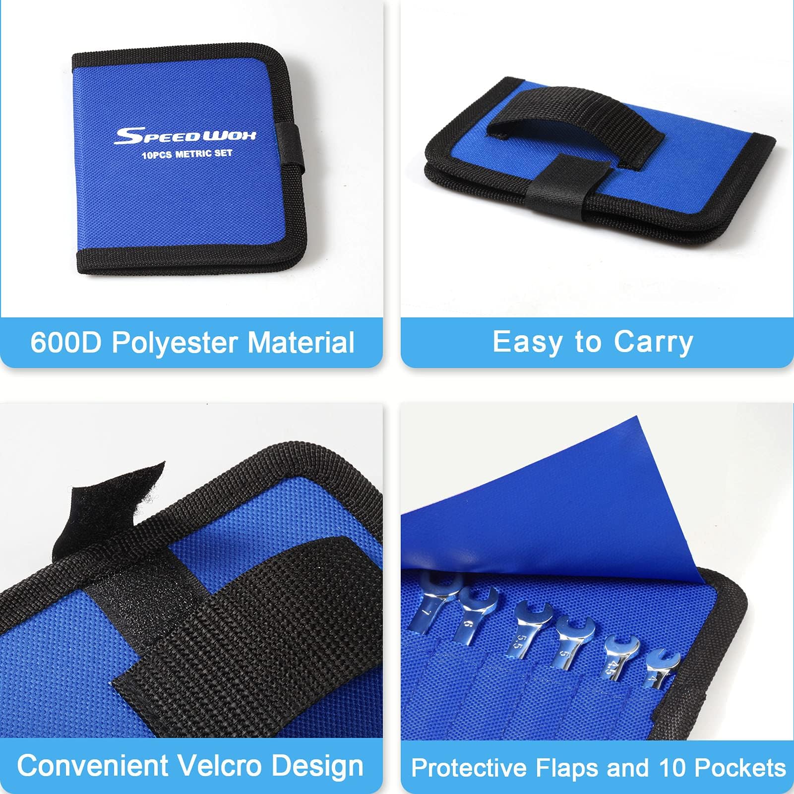 SPEEDWOX 10-Pocket Wrench Tool Storage Bag - Canvas Tool Pouch Organizer for Mini Wrenches (Metric 4-11mm) with Protective Flap - Durable Blue Tool Organizer for Mechanics, DIY Projects & Home Repair