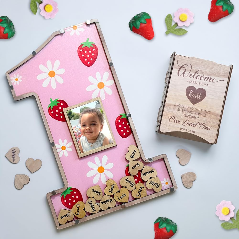 Berry First Birthday Decorations - 1st Birthday Photo Frame & Guest Book Alternative - Strawberry Themed Sweet One Centerpiece Keepsake for Baby's Milestone Celebration - Perfect for Nursery Decor, Birthday Parties & Photo Displays