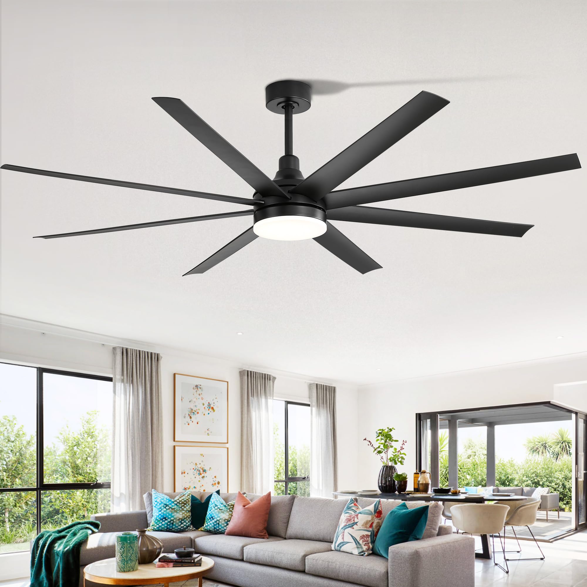 72 Inch Industrial Ceiling Fan with LED Light & Remote Control - 8 Reversible Blades, Quiet DC Motor, 6-Speed Settings, Timer Function - Modern Chandelier Style for Bedroom, Living Room & Office (Black)
