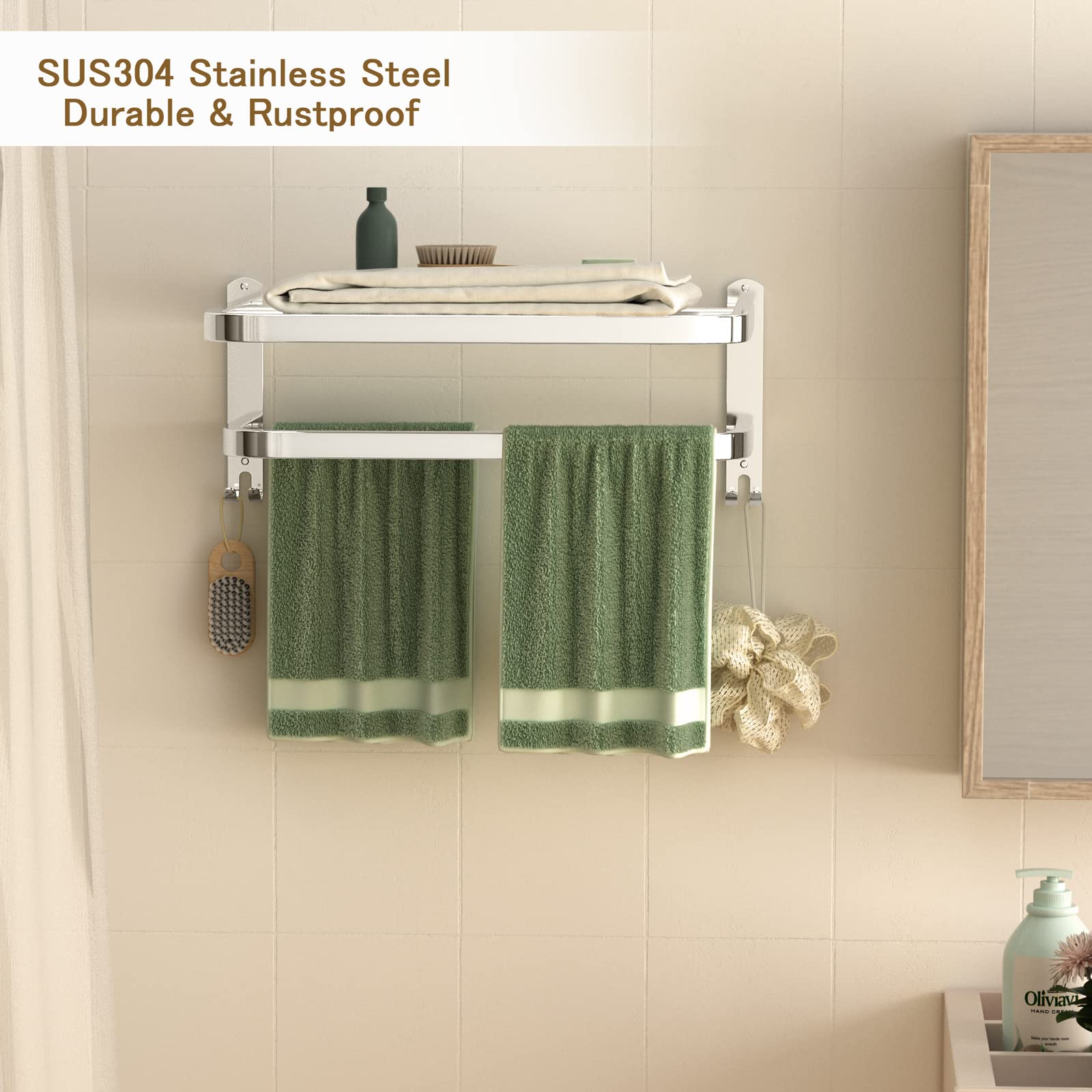 Stainless Steel Bathroom Towel Rack with Double Bars & Hooks - 15 Inch Wall Mounted Shelf for Hotel & Home Bathroom Organization - Perfect for Spa, Guest Rooms & Luxury Bath Decor