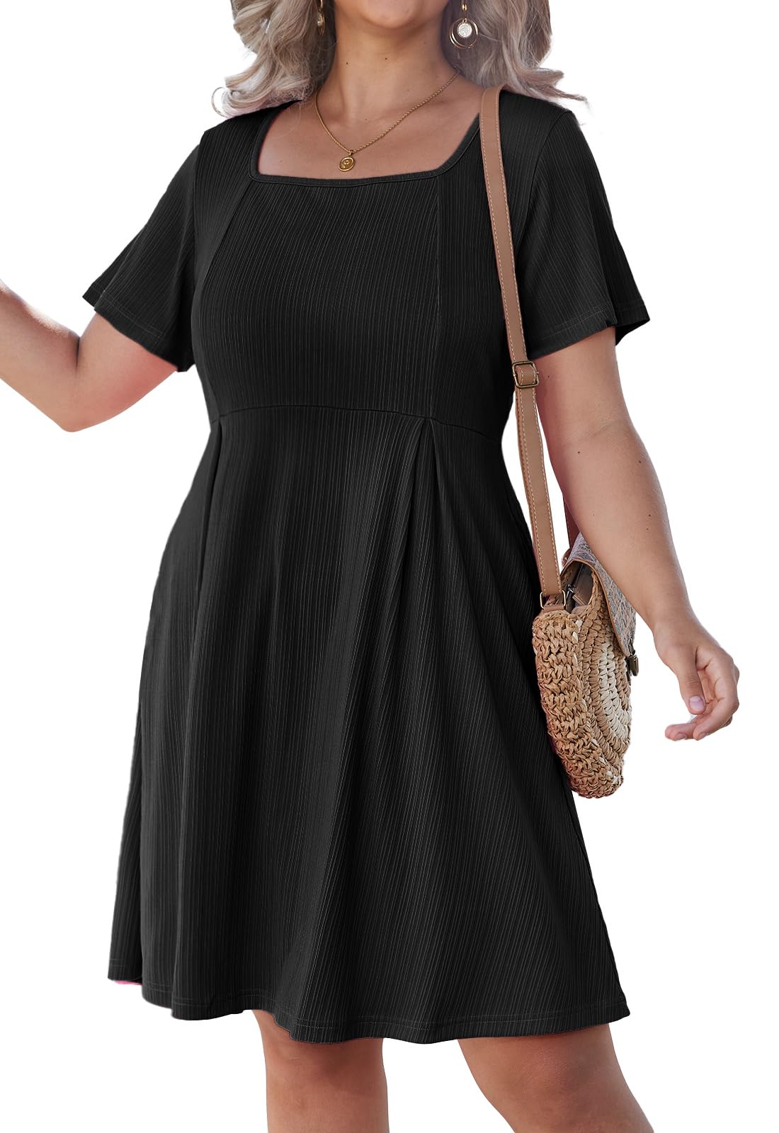 Plus Size Women's Short Sleeve Summer Dress - Square Neck Flowy Swing Knee-Length Casual Dress with Pockets | Perfect for Beach, Vacation & Everyday Wear