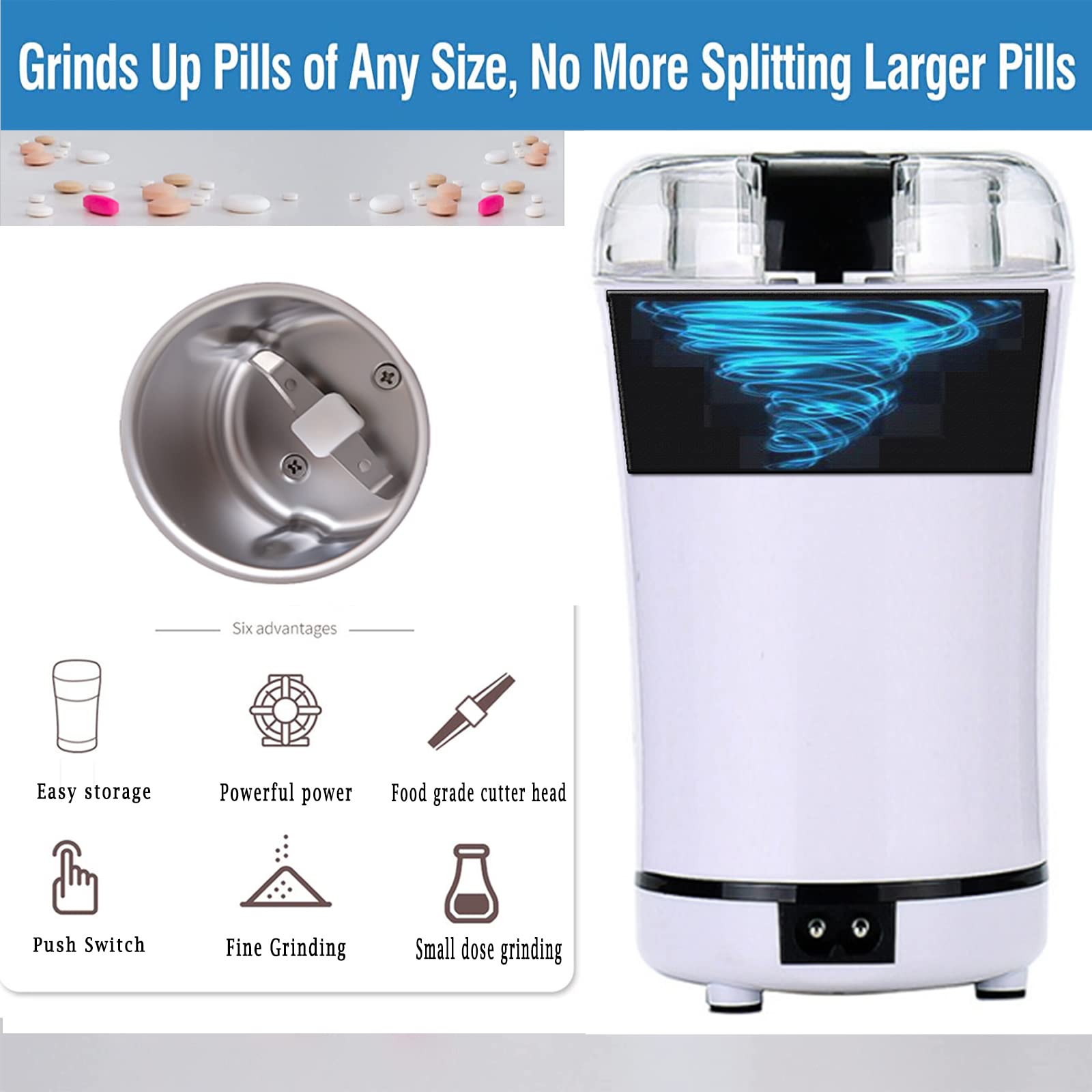 Electric Multifunctional Grinder - Pill Crusher & Coffee Bean Grinder for Fine Powder | Perfect for Elders, Pets & Small Doses | Compact White Design for Home & Travel Use