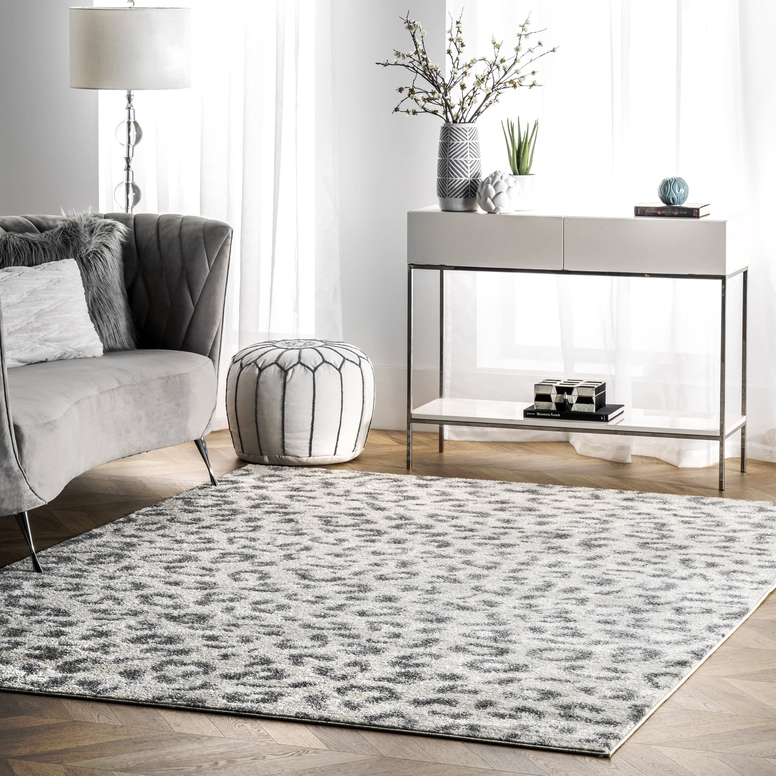 Coraline Leopard Print Area Rug in Grey - Soft Faux Fur Floor Mat for Living Room, Bedroom & Nursery Decor