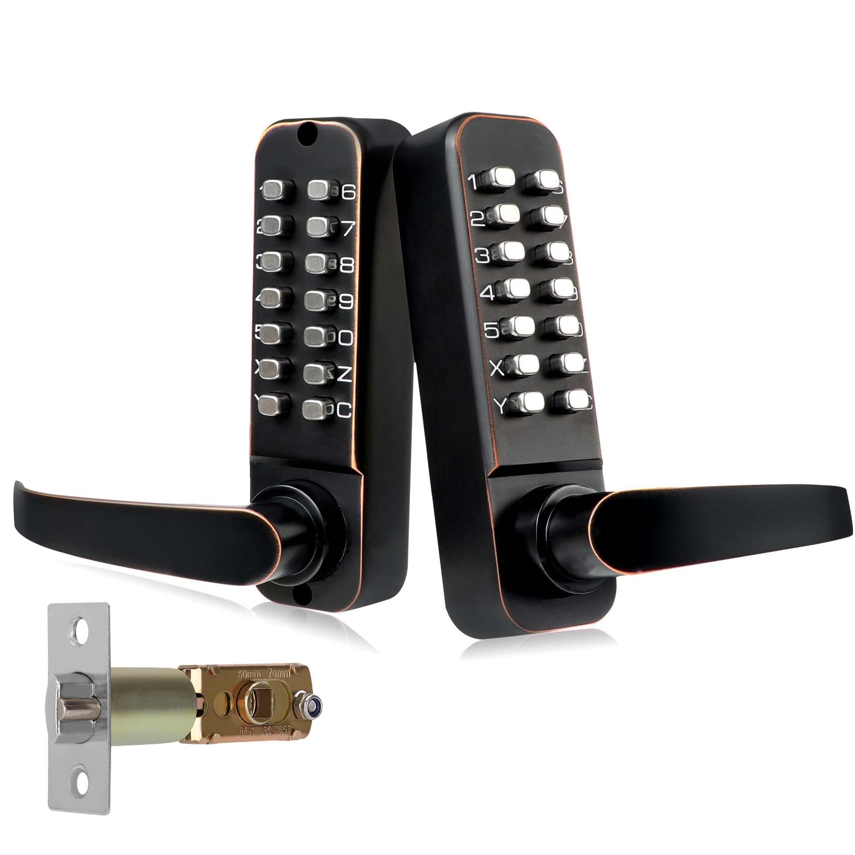 Smart Upgrade Double Sided Keypad Door Lock - Keyless Entry with Adjustable Deadlatch (2-3/8'' & 2-3/4'') - Weatherproof Outdoor Gate & Door Handle Lock in Black Gold - Perfect for Homes, Apartments, Offices & Commercial Buildings