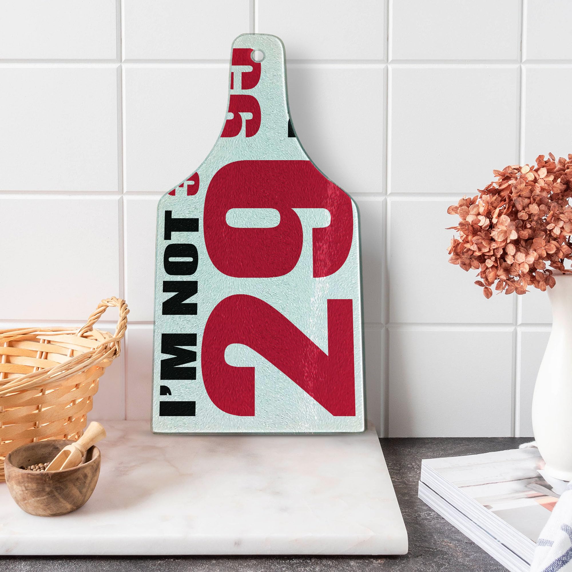 Ambesonne 30th Birthday Cutting Board - Funny 'Forever Young' Pictogram Design, Tempered Glass Serving Board in Wine Bottle Shape (Red, Black & White) - Perfect for Birthday Parties, Kitchen Decor & Gift Giving