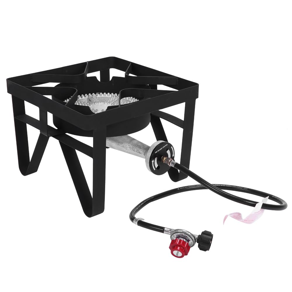 Heavy Duty 200,000 BTU/hr Propane Burner Stove with Adjustable 0-20 PSI Regulator & 4ft Hose - Outdoor Cooking, Turkey Frying, Home Brewing, Camping & Backyard BBQ - Commercial Grade Square Burner for High Heat Needs
