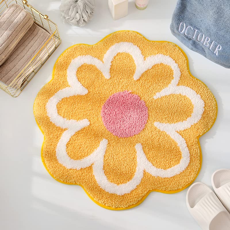 Non-Slip Flower Shaped Bath Mat - Soft Absorbent TPR Petal Bathroom Rug - 26x26 Inch Yellow Shower Mat for Bathroom Safety & Comfort - Perfect for Kids, Elderly & Pet-Friendly Homes