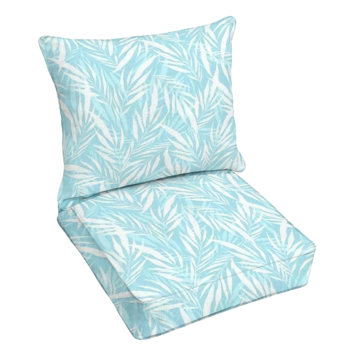 Outdoor Deep Seating Cushion Set - Minimalist White Palm Leaf Design on Light Blue - Premium Patio Furniture Replacement Cushions for Lounge Chairs & Conversation Sets - Perfect for Poolside, Garden, and Backyard Relaxation