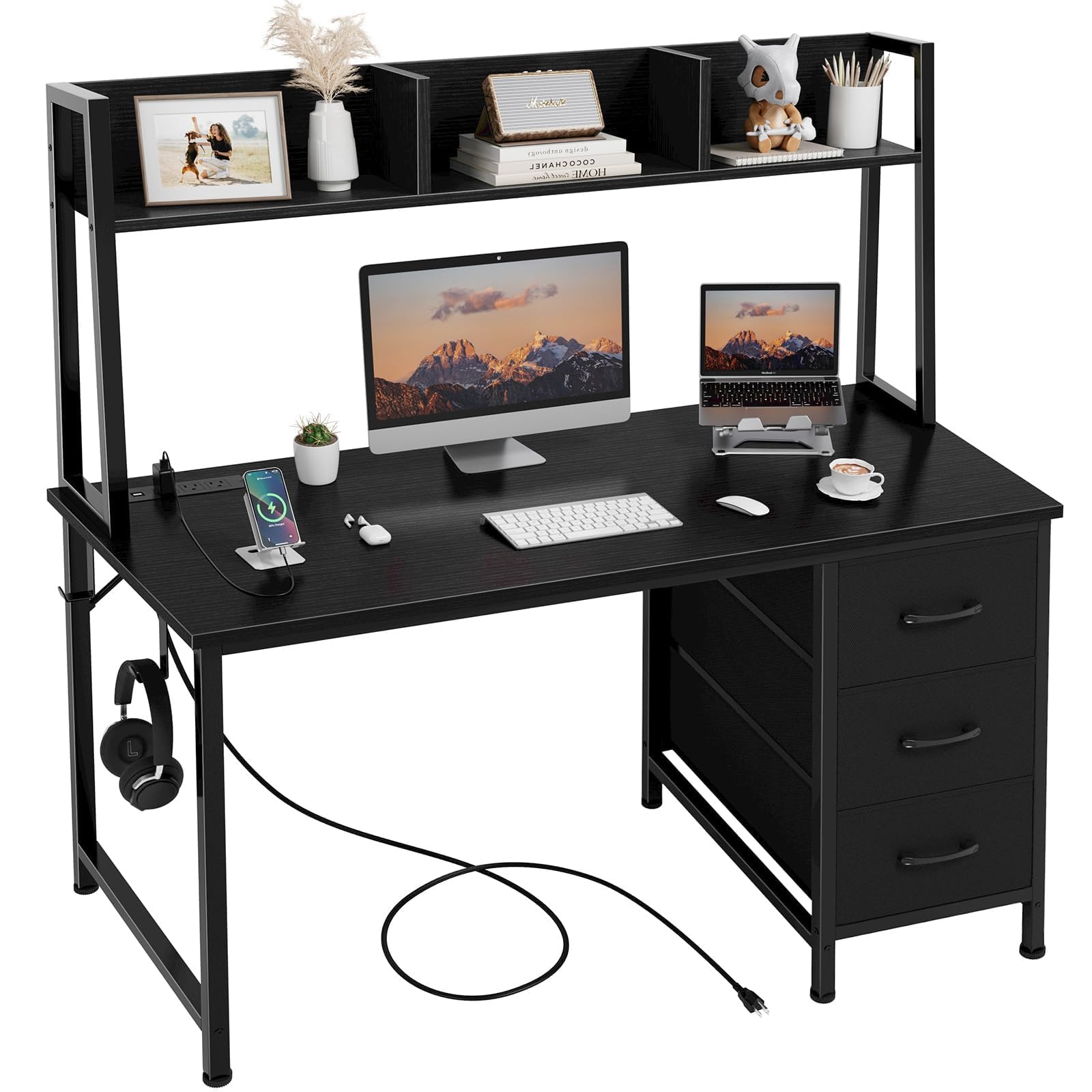 47 Inch Black Modern Computer Desk with Hutch & 3 Drawers - Home Office Desk with Storage & Power Outlets, Study Writing Desk for Bedroom, Small Spaces & Remote Work