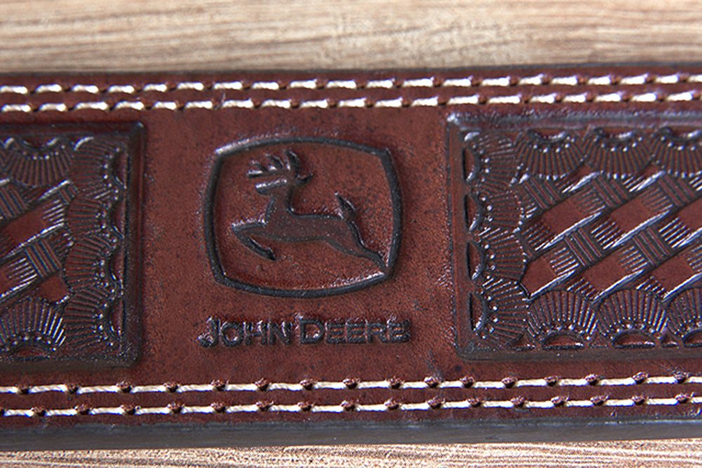 John Deere Wide Top Grain Basketweave Leather Cowboy Belt for Men - Chocolate Brown - Perfect for Western Rodeo, Ranch Work & Country Fashion