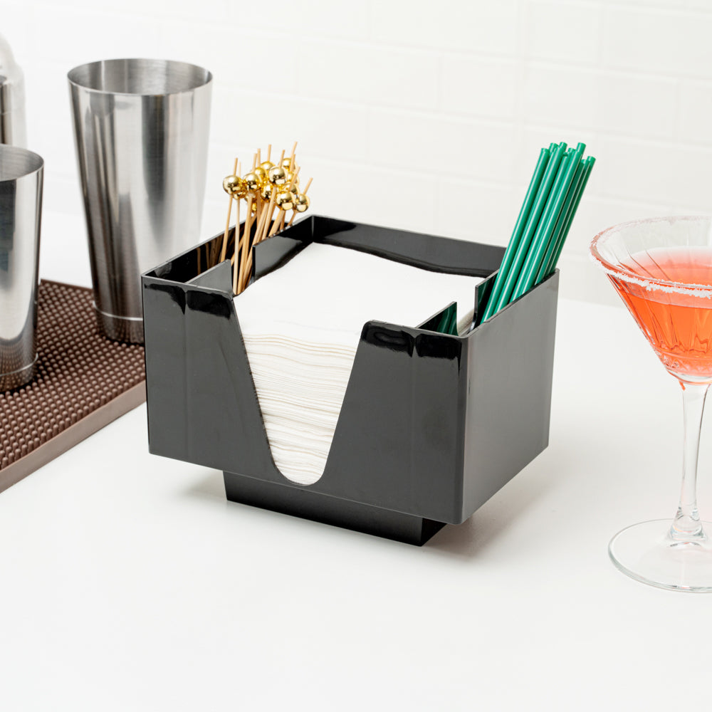 Black Plastic Condiment Caddy & Napkin Holder - 3 Compartments, 8