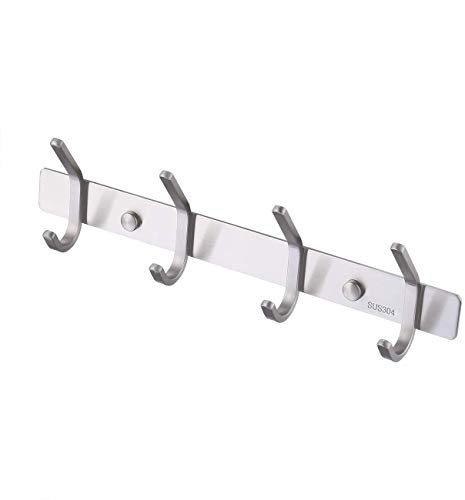 Zhouye Stainless Steel Wall Mounted Coat Rack - Double Row Hooks for Clothes, Hats, Robes & Towels (4 Hooks) - Perfect for Entryway, Bedroom & Bathroom Organization