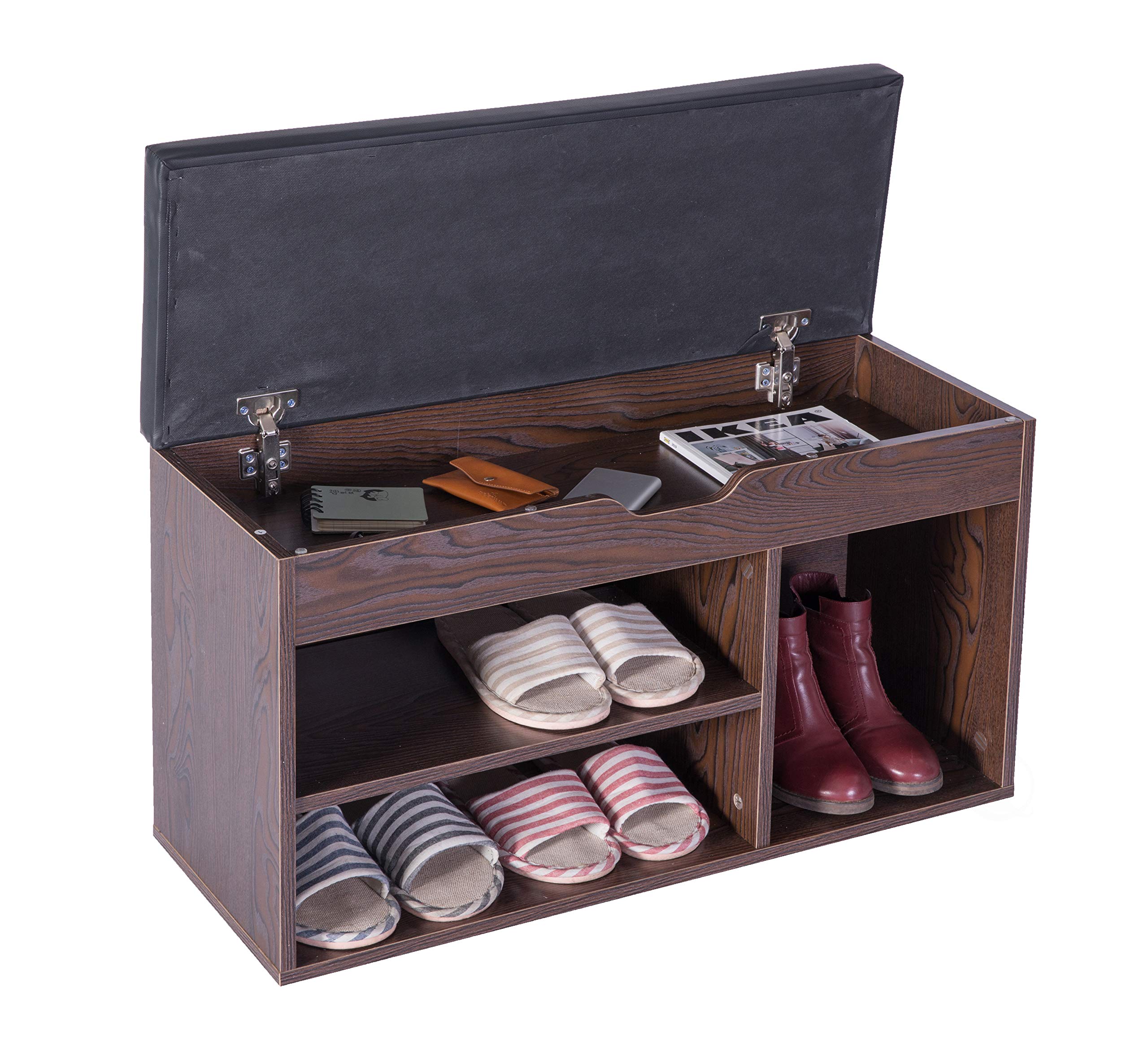 Basicwise Entryway Storage Shoe Rack with Top Seat - Brown & Black Shoe Organizer Bench for Hallway, Mudroom, or Living Room - Space Saving Entry Bench with Shoe Storage