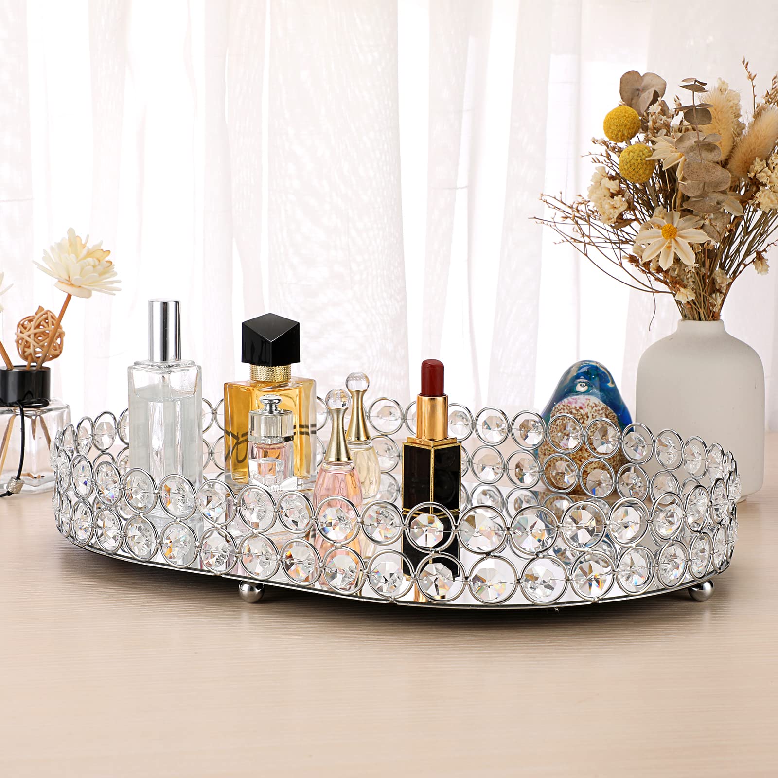 Hipiwe Large Crystal Vanity Tray - Mirrored Dresser Perfume & Makeup Organizer for Jewelry, Cosmetics & Skin Care Storage | Elegant Bathroom Countertop & Home Decor Accessory | Perfect for Bedroom, Dresser & Vanity Table Organization