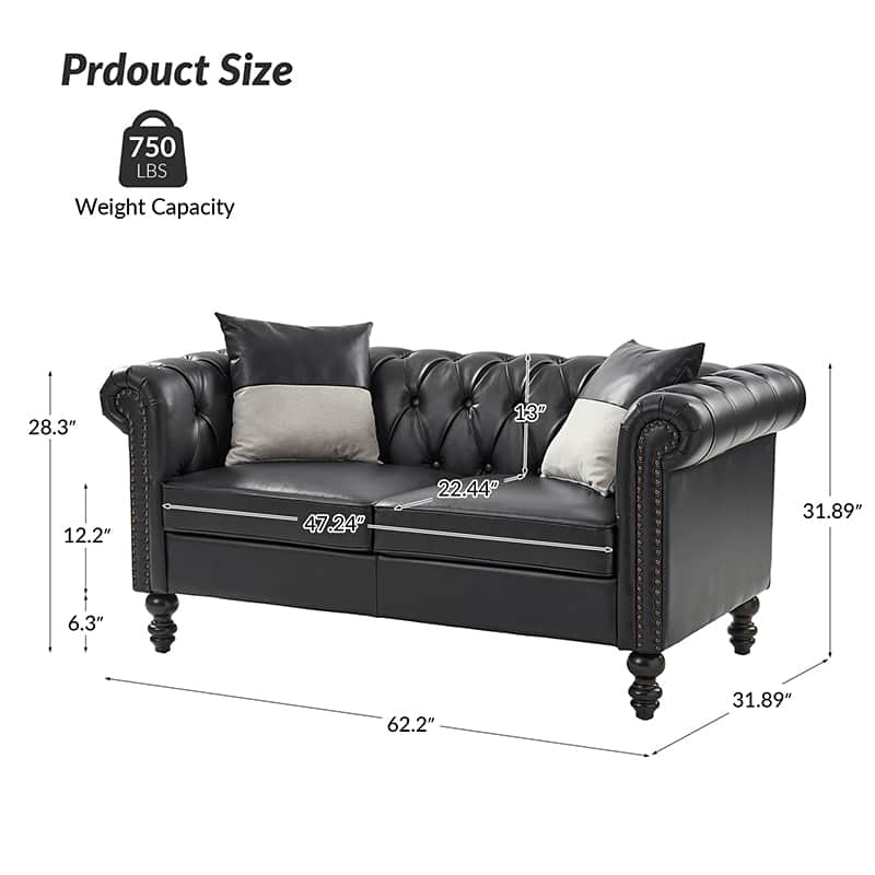 Premium Olga PU Leather Classic Rolled Arms Sofa - Modern Living Room Furniture with 2 Decorative Throw Pillows | Perfect for Small Spaces, Apartments & Cozy Home Decor