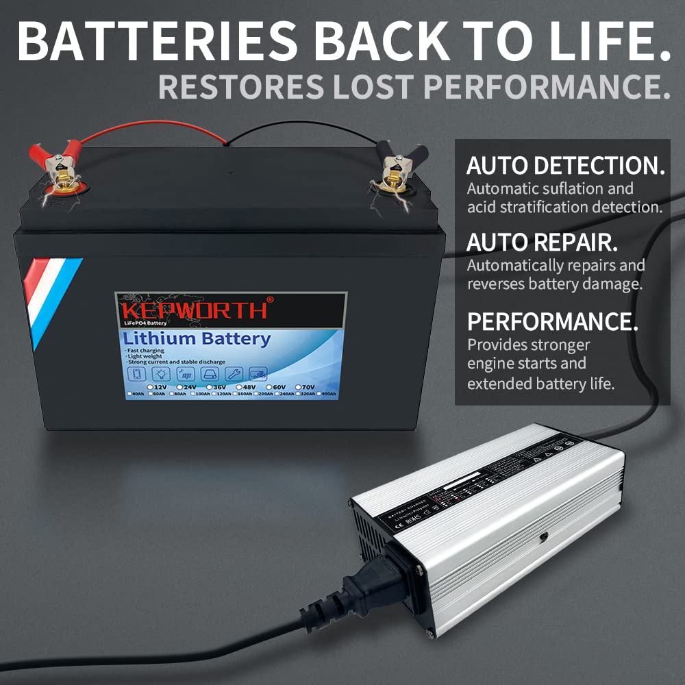 24V 8A LiFePO4 Battery Charger for Lithium Iron Phosphate Batteries - Automotive, RV, Golf Cart, Lawn Mower & Marine Use - Heavy Duty Charger with Clamps for Fast & Safe Charging