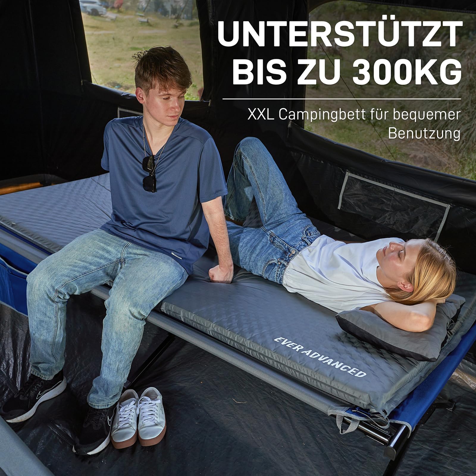 EVER ADVANCED Foldable XXL Camping Cot - 300KG Weight Capacity, Extra Wide 214cm x 106cm - Sturdy Folding Bed for Camping, Travel, Indoor, Outdoor, Beach & Garden Use - Perfect for Guest Beds, Emergency Sleeping & Outdoor Adventures