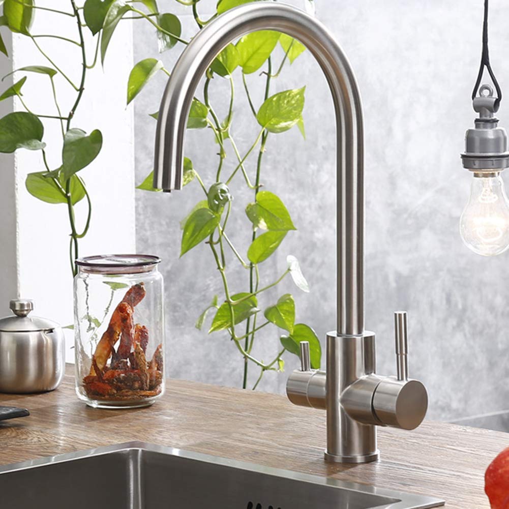 3-Way Stainless Steel Kitchen Faucet with Water Filter - 304 Brushed Nickel Drinking Water Purifier Tap for Sink - Perfect for Clean Drinking Water, Cooking, and Dishwashing