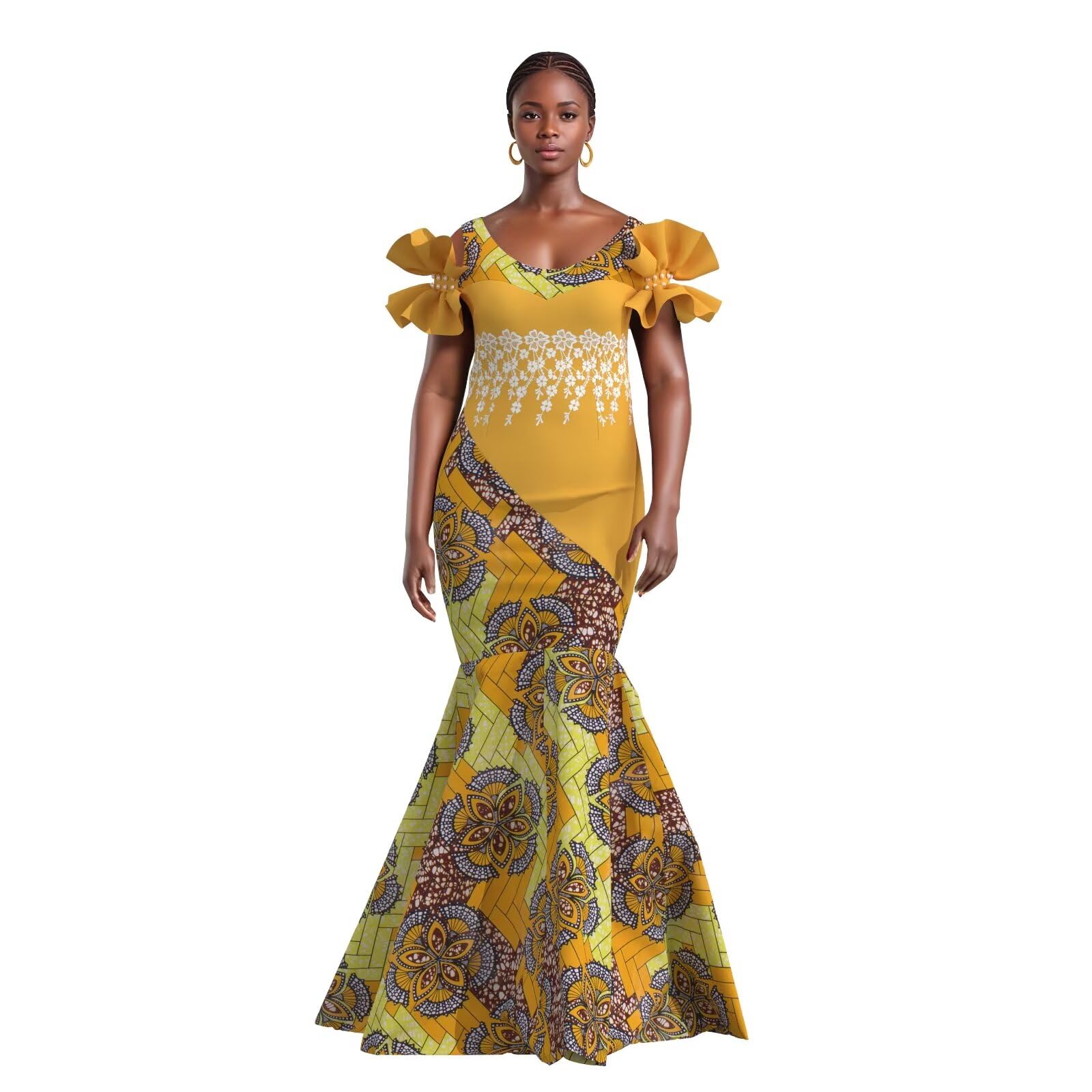 Elegant Ankara Maxi Mermaid Dress for Women - African Print Lace Decorated Gowns for Parties, Weddings & Special Occasions