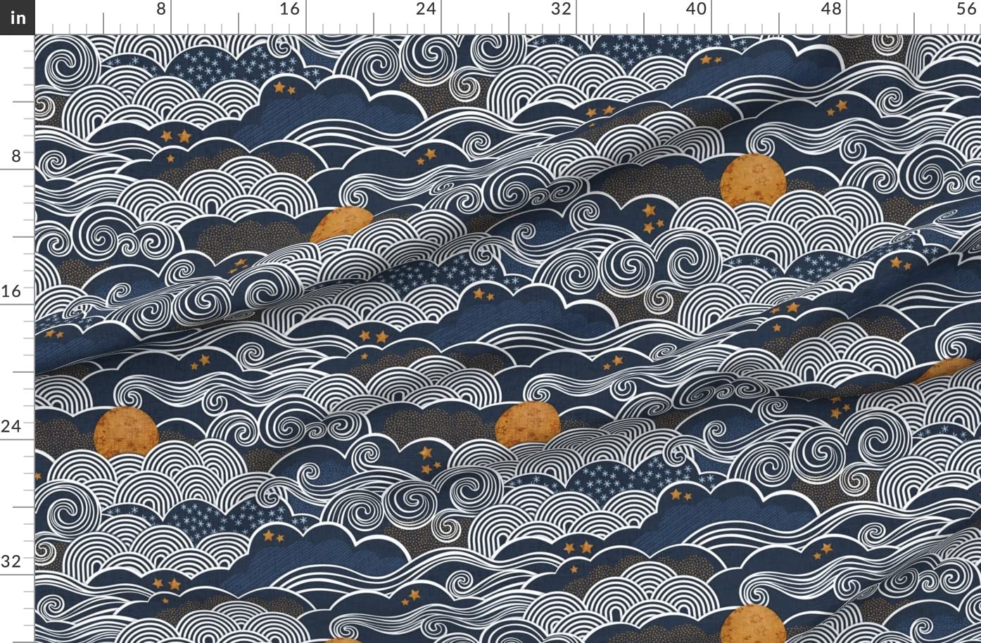 Night Sky Clouds Gold Stars Printed Organic Cotton Sateen Fabric by The Yard - Sewing, Quilting, Apparel & Home Decor - Perfect for DIY Projects, Dresses, Curtains and Bedding
