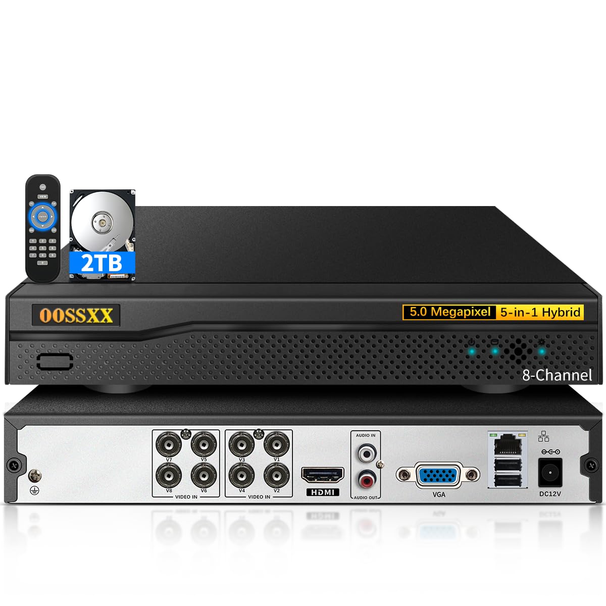 8-Channel Hybrid 5-in-1 Security DVR Recorder - 5.0MP HD Video Surveillance System with AHD/Analog/TVI/CVBS/IP Support, Up to 6TB Storage (2TB HDD Included) - Ideal for Home & Business Security Monitoring