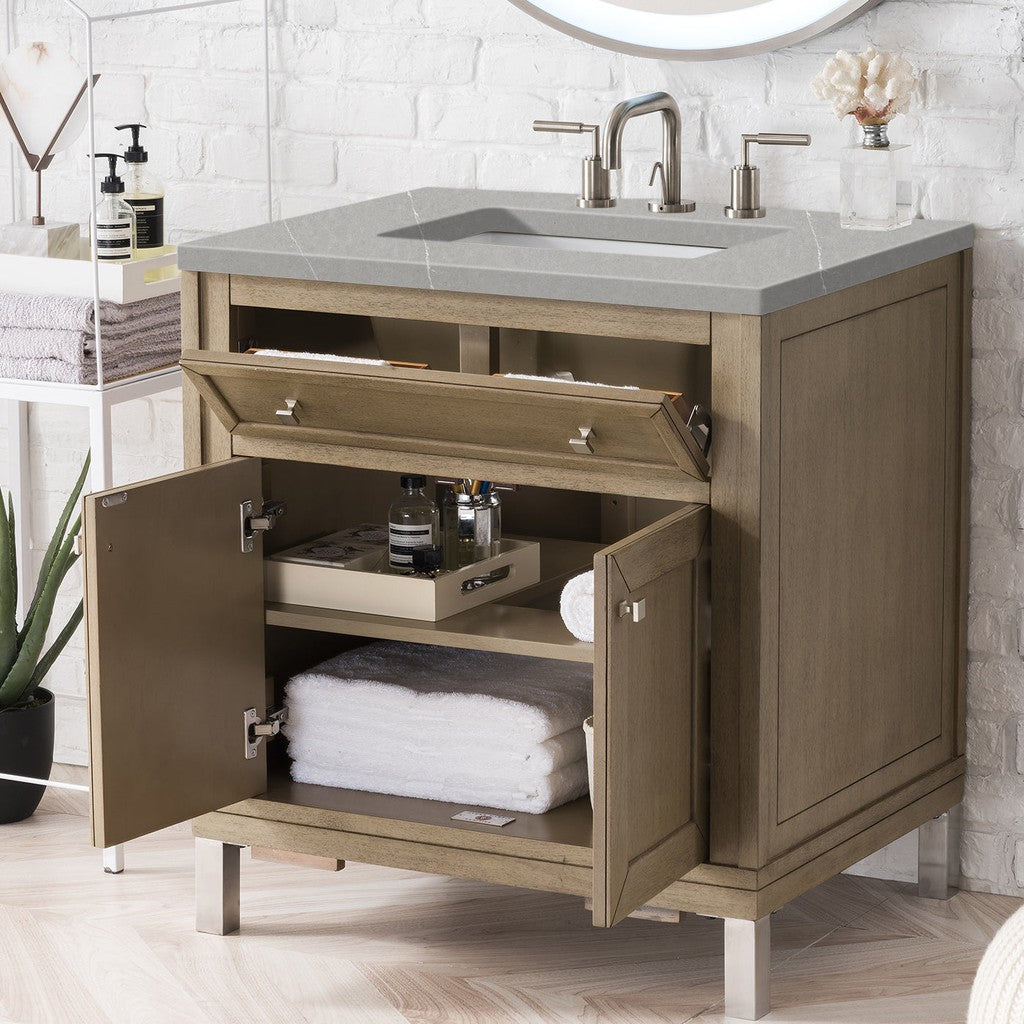 James Martin Vanities Chicago Collection 30-Inch Single Bathroom Vanity in Whitewashed Walnut with Countertop Options - Perfect for Modern Bathroom Renovations & Small Space Solutions