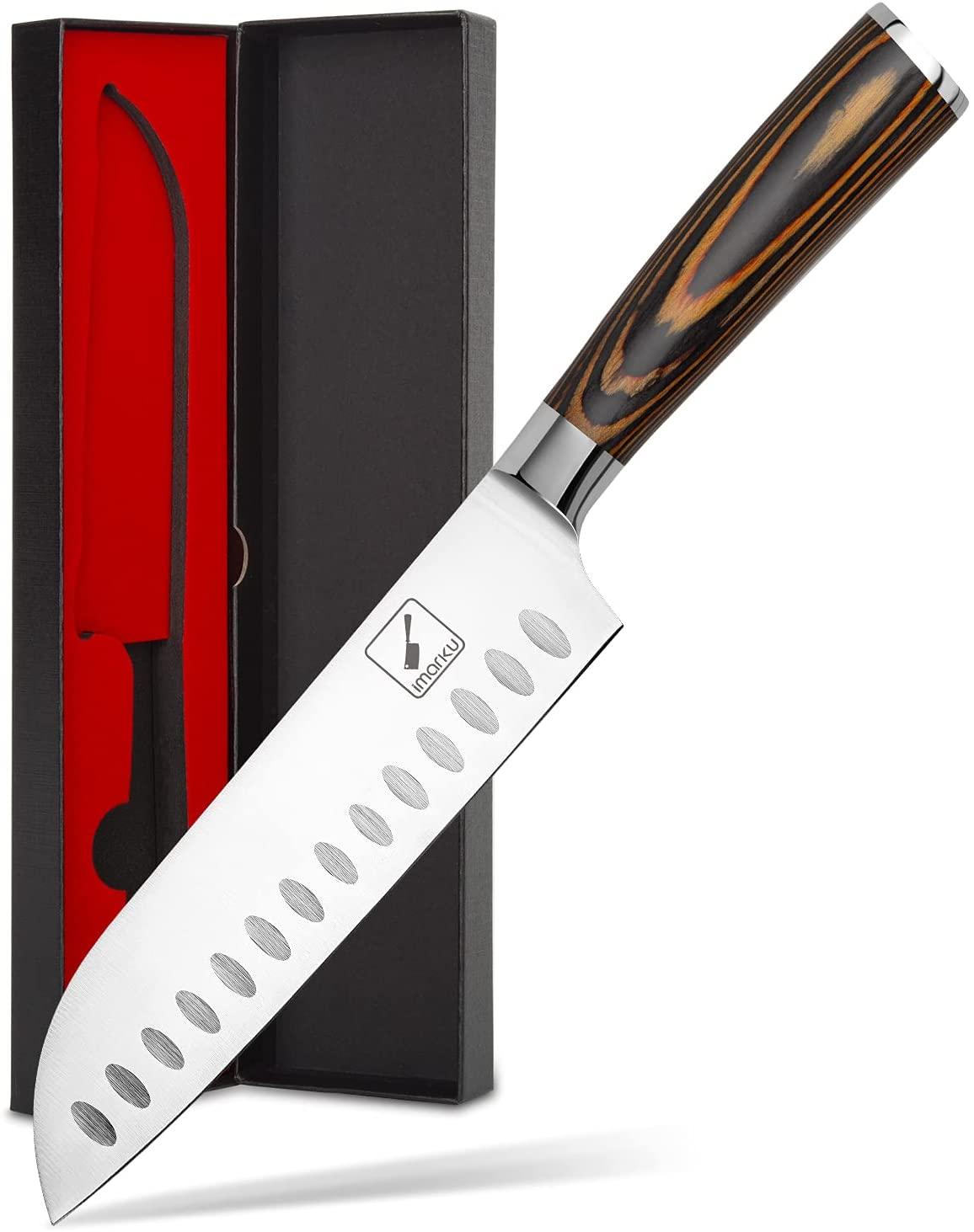 Premium 7-Inch Santoku Knife with Ergonomic Orange Handle - Perfect for Slicing, Dicing & Chopping Vegetables, Meat & Fish