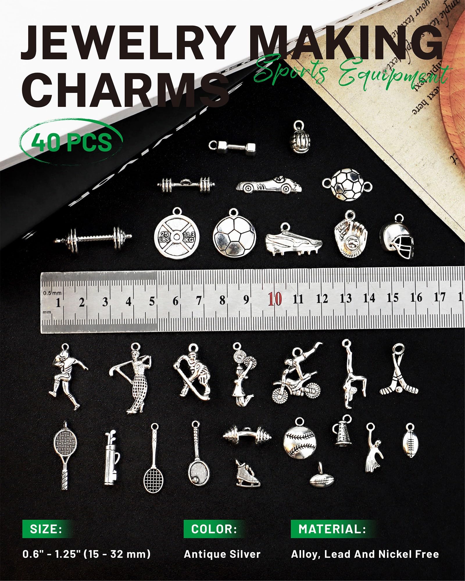 JIALEEY 40 PCS Sports Charms - Mixed Cheerleader Dance School Spirit Pendants for DIY Jewelry Making, Crafting & Gymnastics Accessories | Perfect for Bracelets, Keychains & Team Spirit Projects